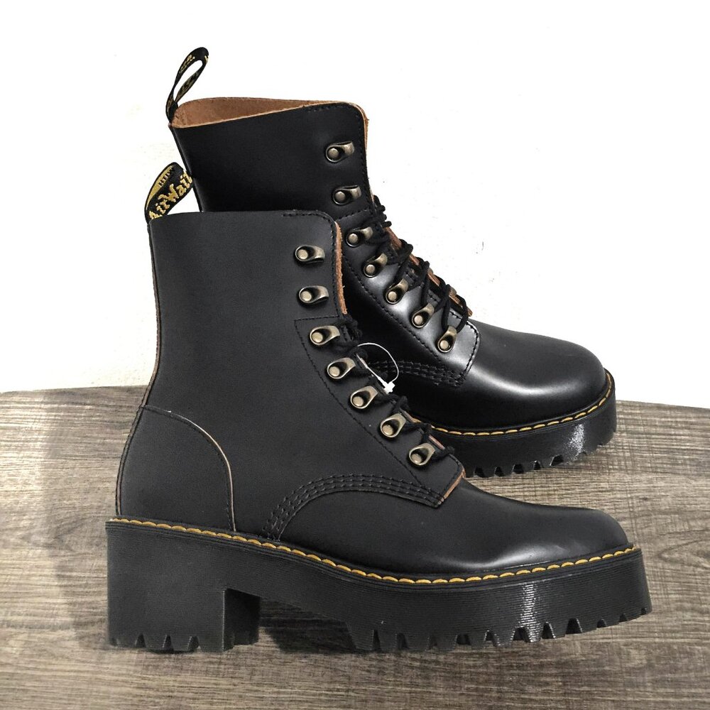 NWOB Dr. Martens Women's Black Leather Leona Vintage Smooth Combat Boot Size 10 - Picture 3 of 7